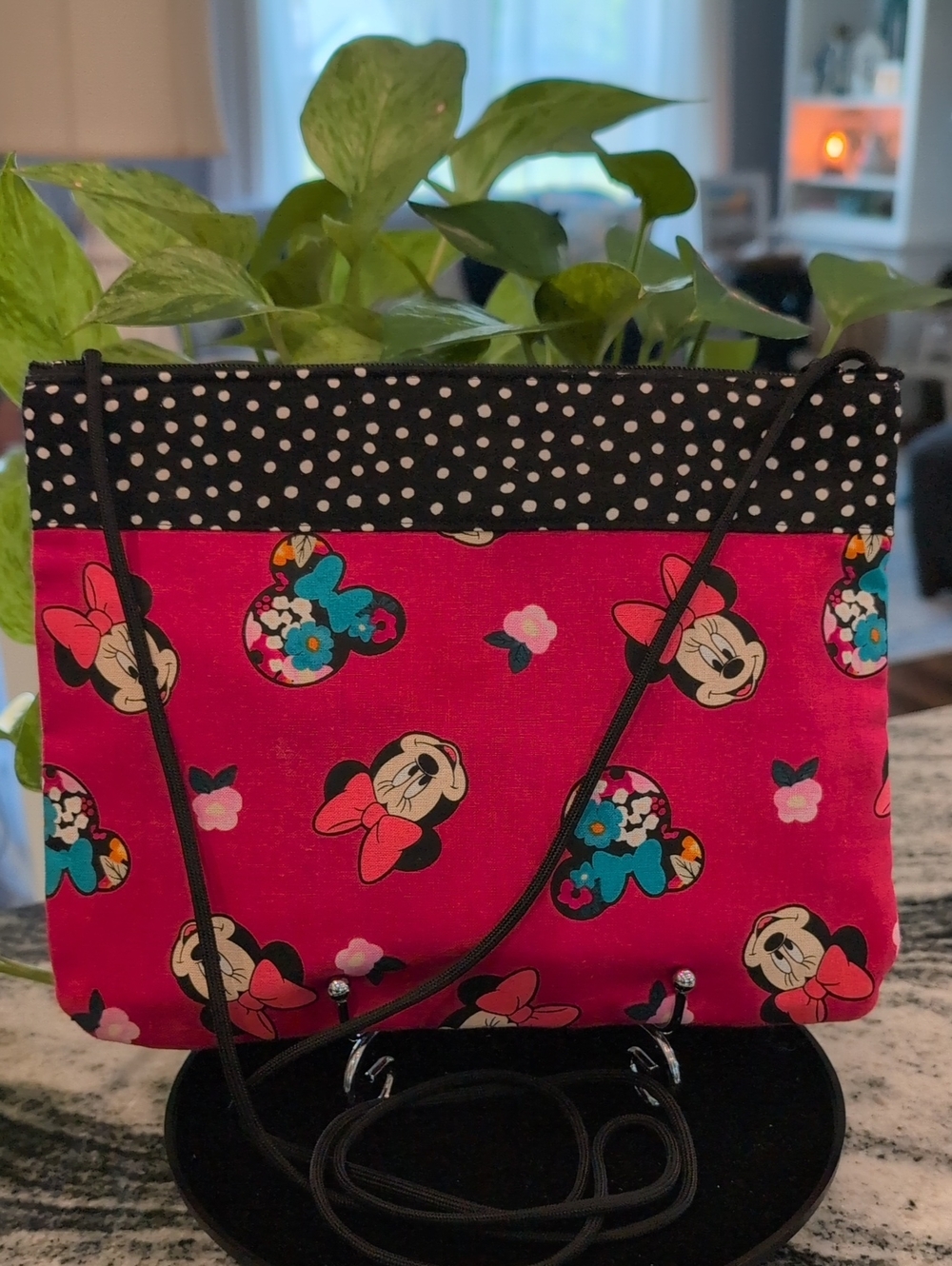 Minnie Mouse Pattern Crossbody Bag with Black Polka-Dot Trim